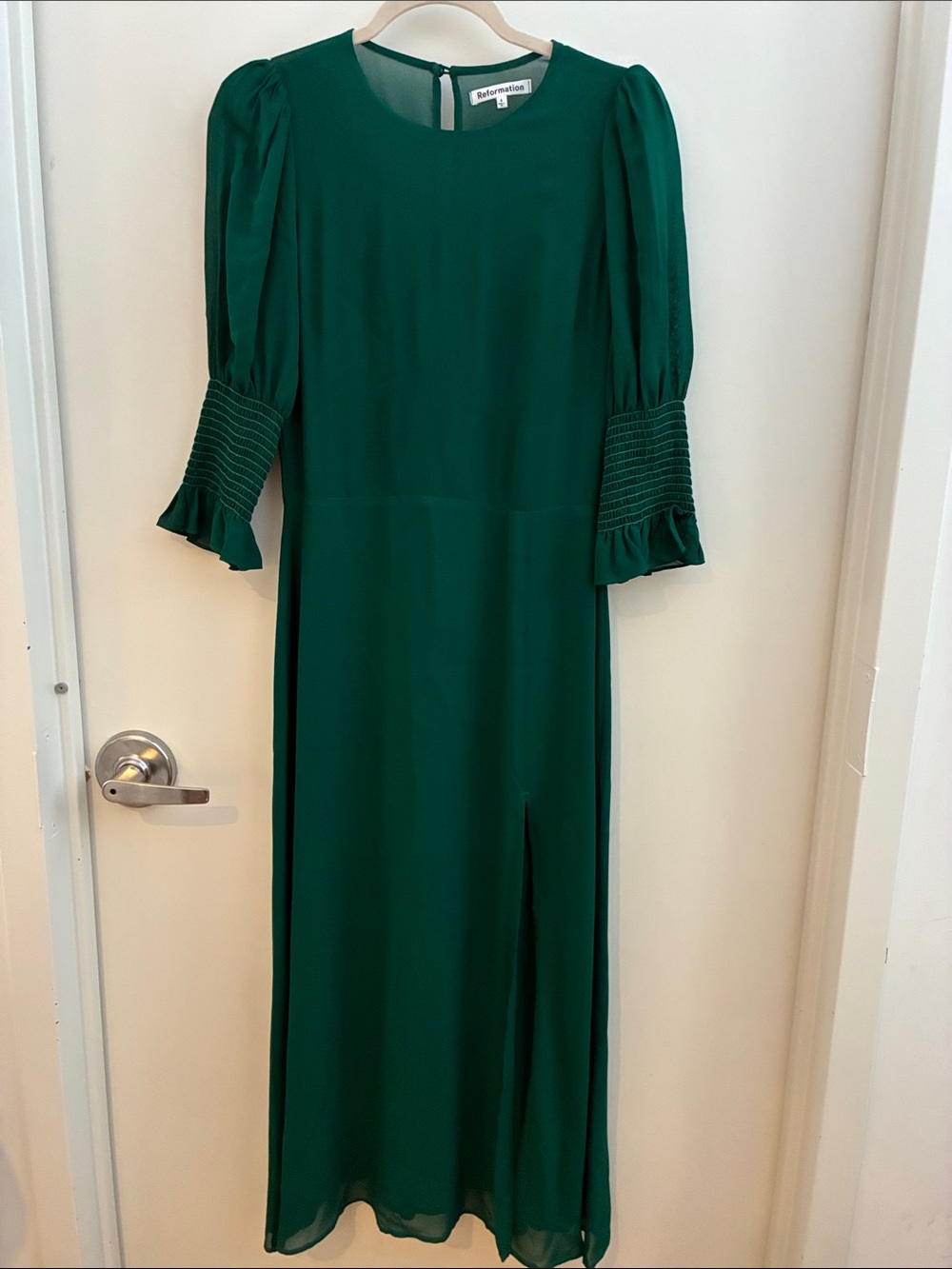 Reformation Carolena Emerald Green Long Sleeve Maxi Dress with Side Slit